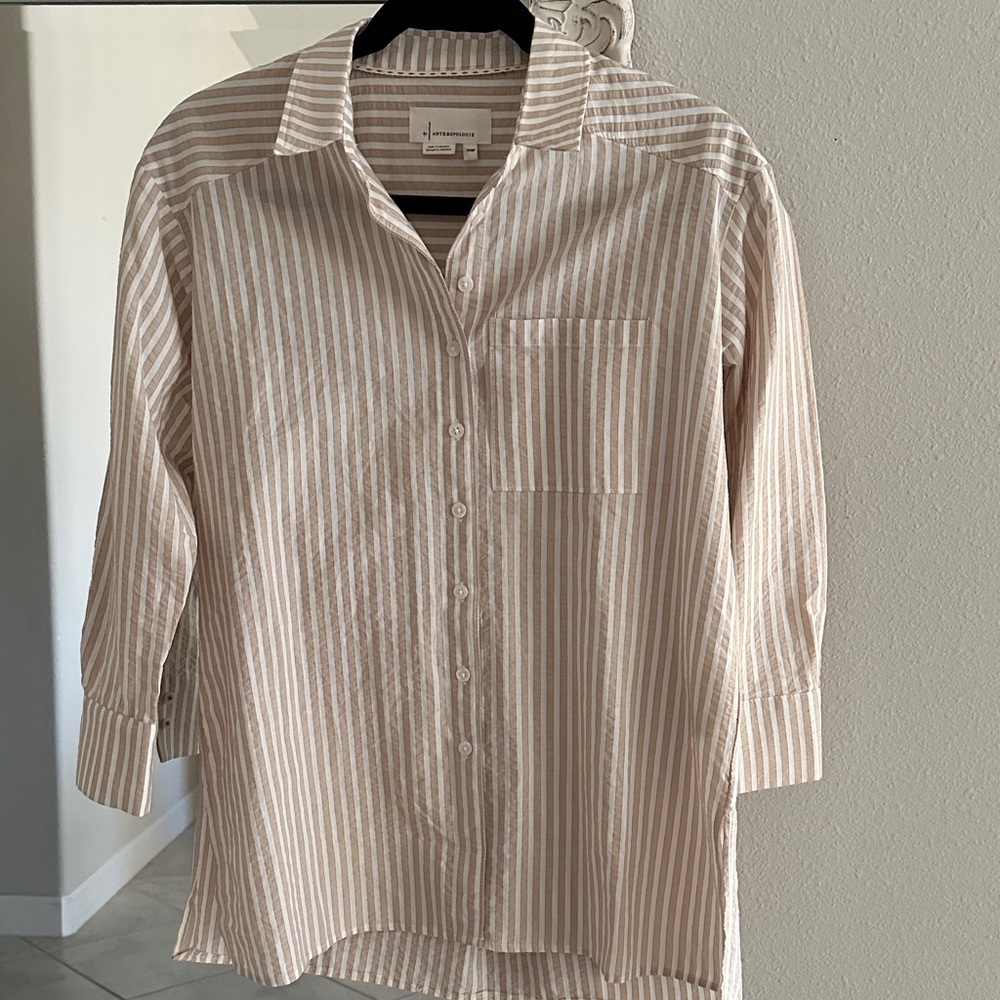 Anthropologie XXSP Tan and White Striped Oversized Button Down Shirt